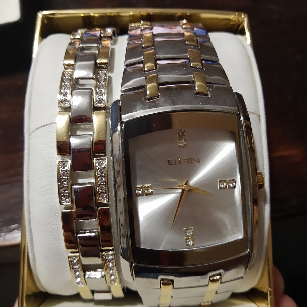 Elgin Men's Crystal Accent Two-Tone Watch and Brac